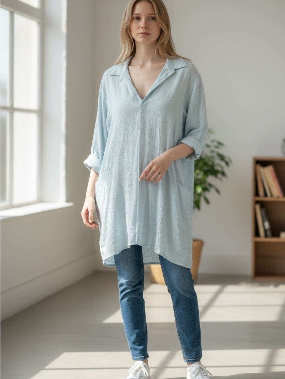 Gaya Style Light Blue Relaxed V-Neck Tunic with Roll-Tab Sleeves